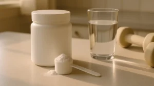 A tub of white creatine monohydrate powder with a measuring scoop beside a glass of water and light dumbbells on a kitchen counter
