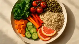A vibrant plate of colourful whole foods including leafy greens, tomatoes, lentils, brown rice, vegetables and fruit arranged beautifully
