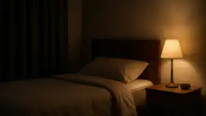 A calm, tidy bedroom at night with soft warm lamp light, a neatly made bed and blackout curtains