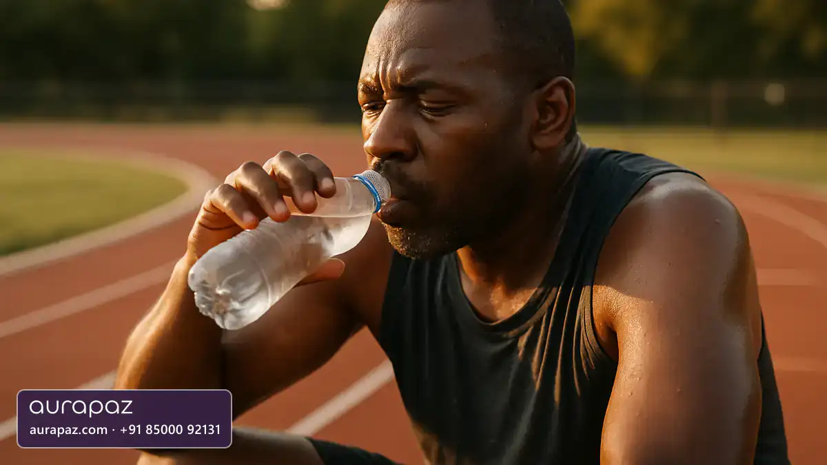 A Black man in his forties sitting on an outdoor running track after a hard training session, sweating and drinking water from a bottle in late afternoon light