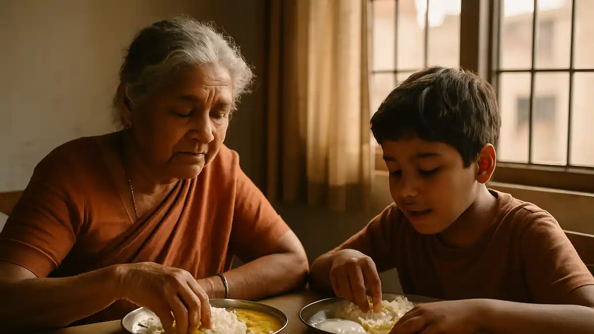 An Indian grandmother and her ten year old grandson eating dal rice and curd together at a dining table