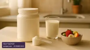 A tub of pale cream coloured colostrum powder with a measuring scoop, a glass of milk and a bowl of fruit on a kitchen counter in morning light