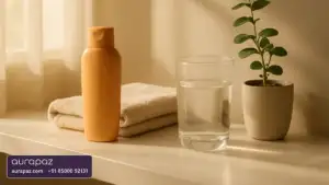 A bottle of sunscreen, a folded towel, a glass of water and a small plant on a sunlit bathroom shelf in the morning
