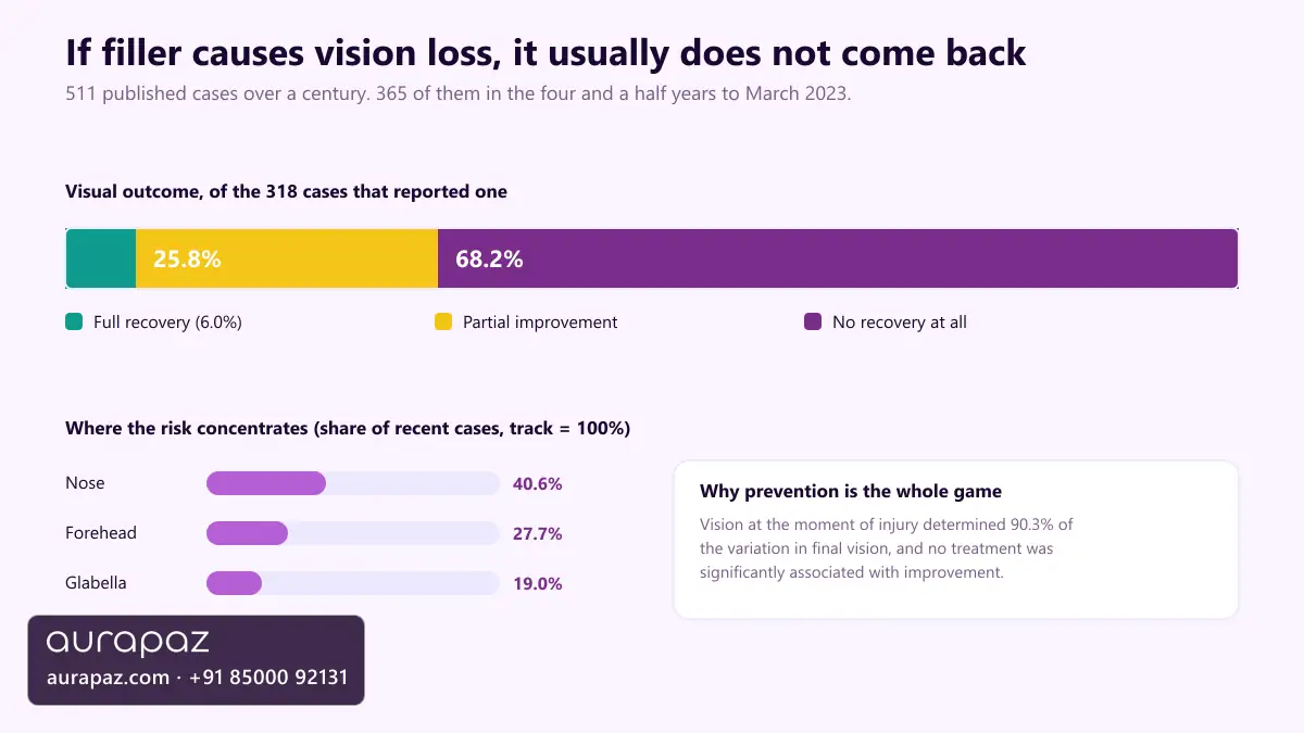 Chart showing that of the 318 filler vision loss cases reporting an outcome, 6 per cent fully recovered, 25.8 per cent partly improved and 68.2 per cent recovered no vision, with the nose, forehead and glabella carrying most of the risk and no treatment significantly associated with improvement