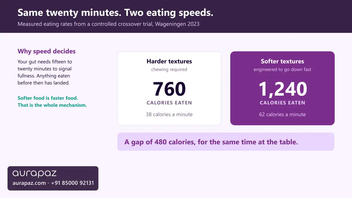 Chart comparing twenty minutes of eating at two measured rates: 38 calories a minute on harder textures giving 760 calories, and 62 calories a minute on softer textures giving 1,240 calories, a gap of 480 calories