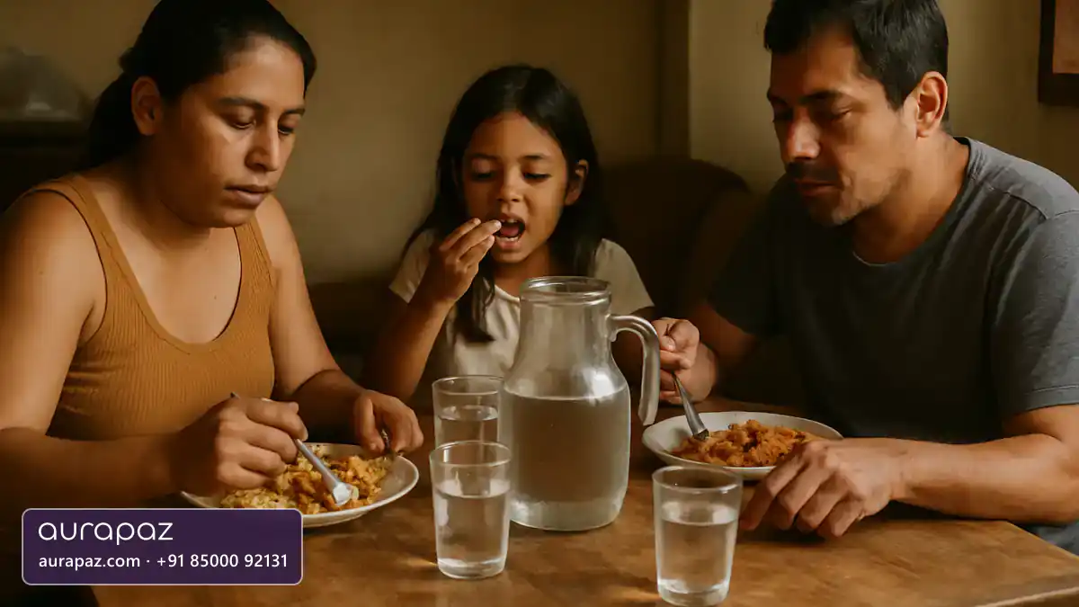 A family of three eating a simple home-cooked lunch at a wooden table with a large glass jug of water and glasses of water in the middle