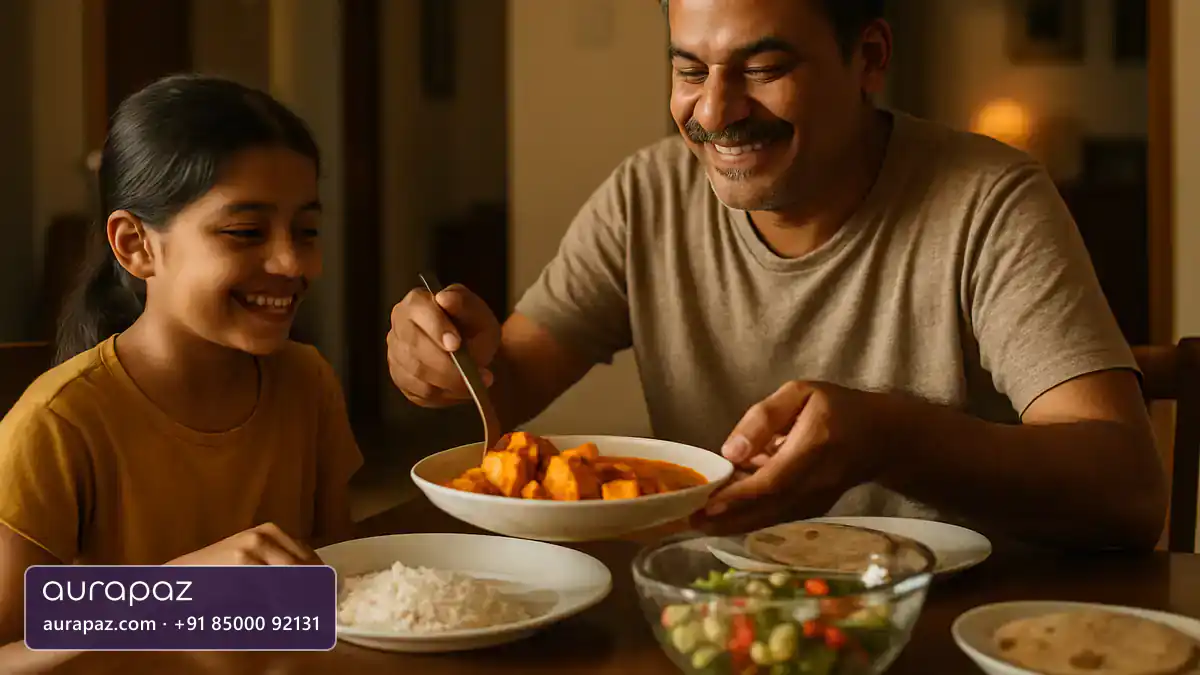 An Indian father in his forties smiling as he serves paneer curry to his young daughter at a family dining table, with rice, salad and chapatis on the table