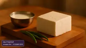 A fresh white block of paneer on a wooden board beside a steel bowl of milk and green chillies in a warm Indian kitchen