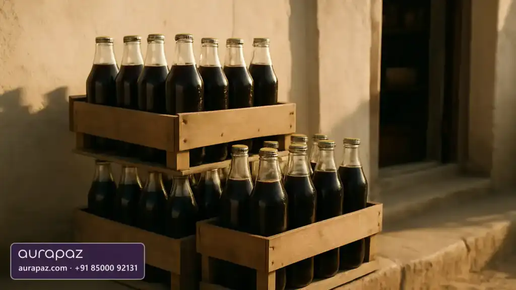 Wooden crates of unlabelled glass bottles filled with dark fizzy drink stacked outside a small village shop in late afternoon light