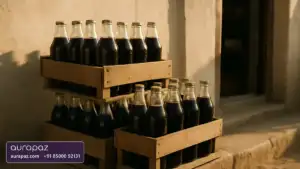 Wooden crates of unlabelled glass bottles filled with dark fizzy drink stacked outside a small village shop in late afternoon light