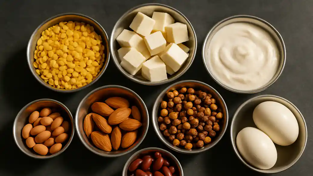 Overhead view of protein rich Indian foods including dal, paneer, curd, roasted chana, almonds, peanuts, rajma and boiled eggs in steel bowls