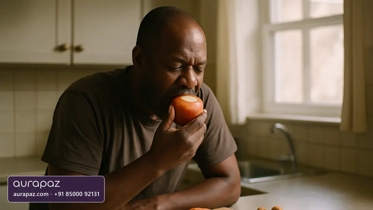 A man in his forties biting into a whole apple at a kitchen counter, with raw carrots and unshelled nuts on a wooden board beside him
