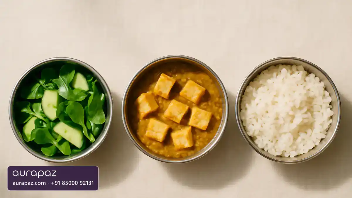 Three steel bowls in a row showing a salad of cucumber and leaves, dal with paneer, and white rice