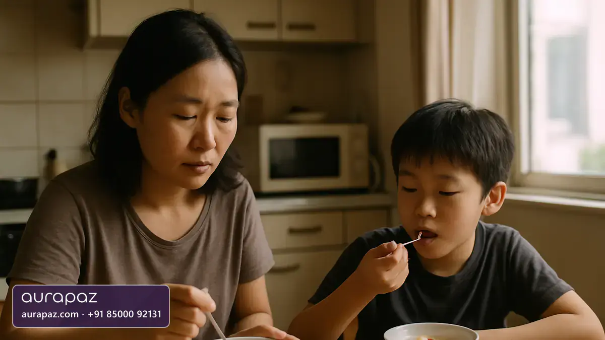 A mother and her nine year old son eating a breakfast of yoghurt, fruit and eggs together at a small kitchen table on a weekday morning