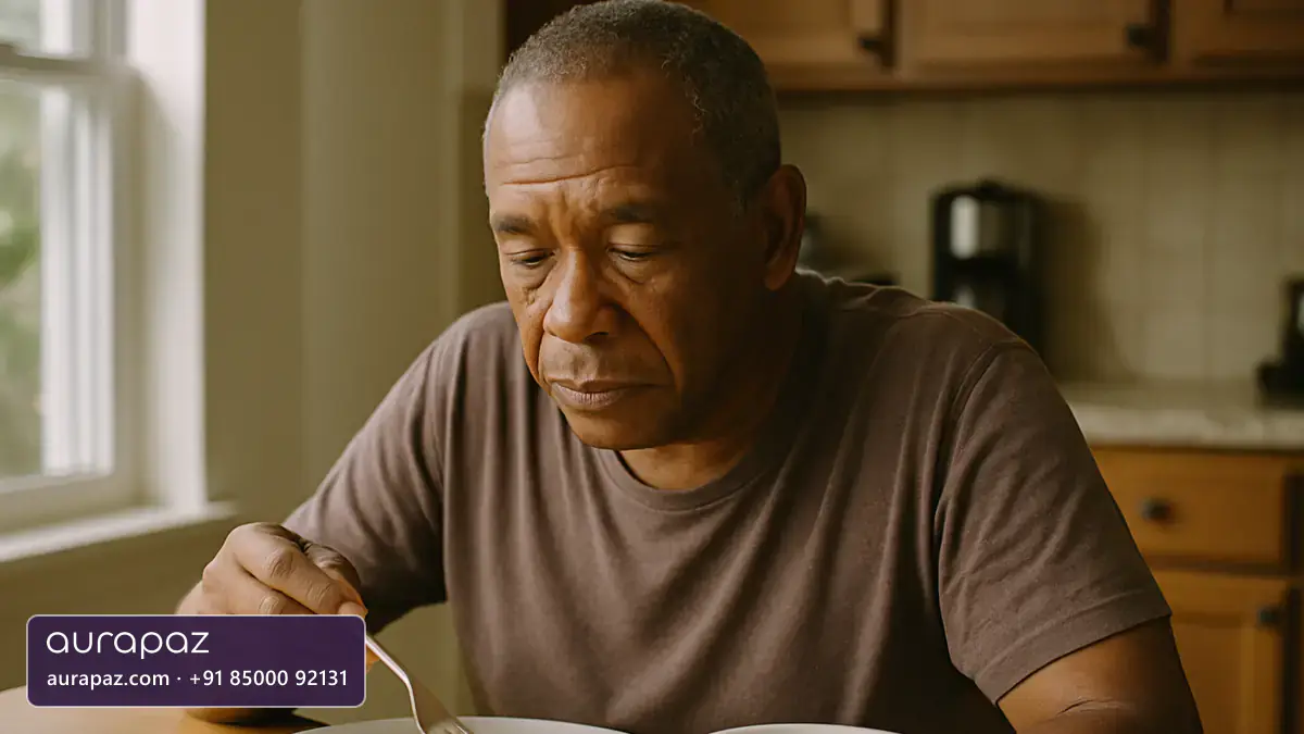 A man in his sixties eating a breakfast of eggs and yoghurt at his kitchen table