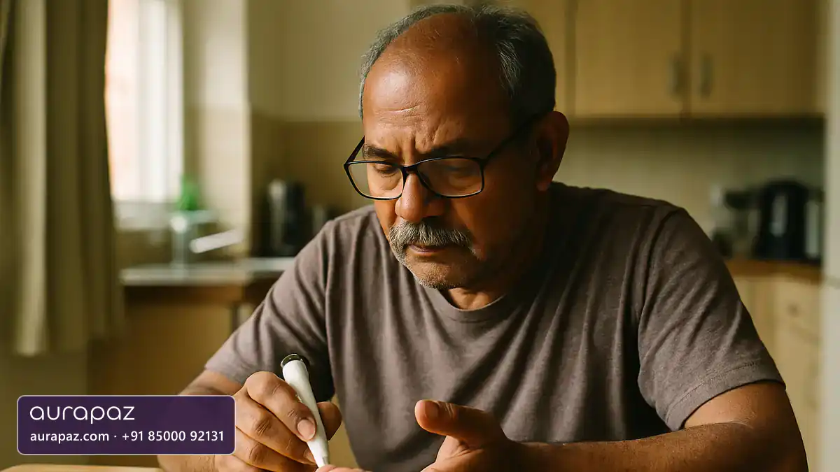 An older Indian man doing a routine finger prick blood glucose check at a kitchen table at home