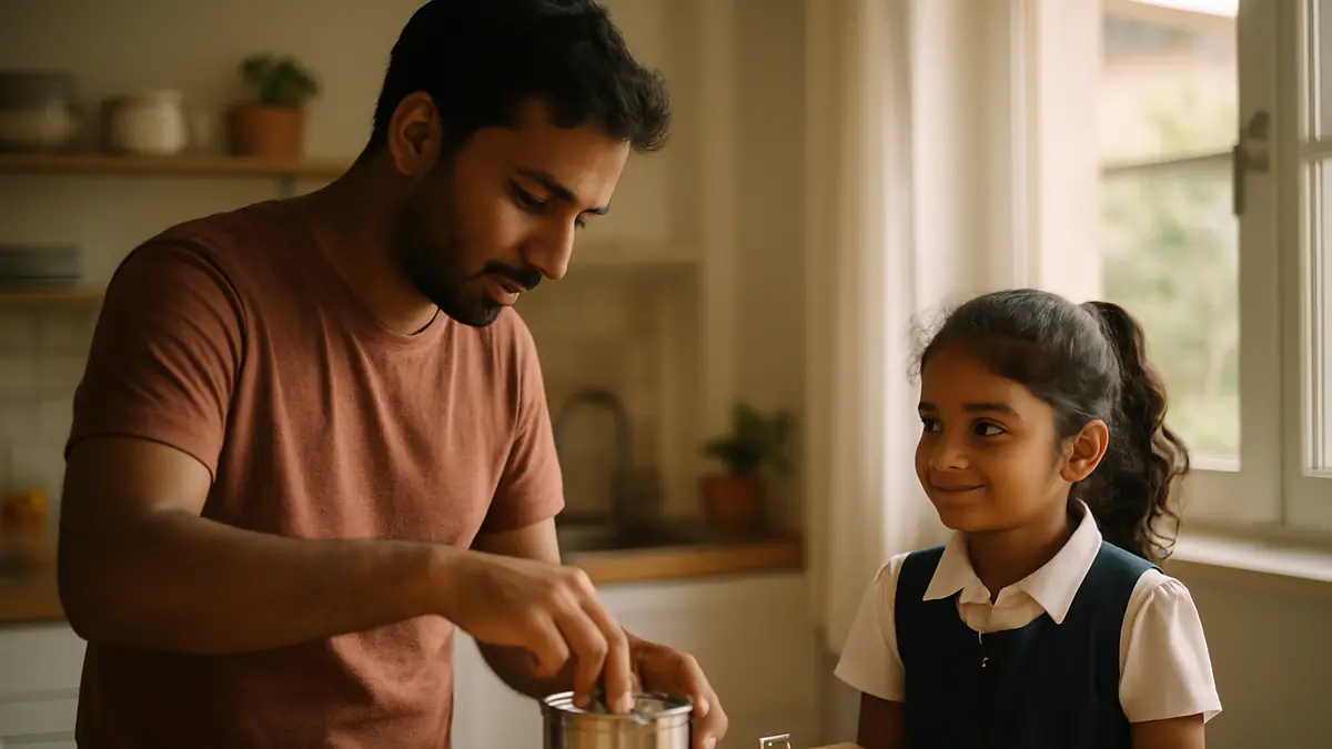An Indian father packing a steel tiffin box for his young daughter in a home kitchen before school