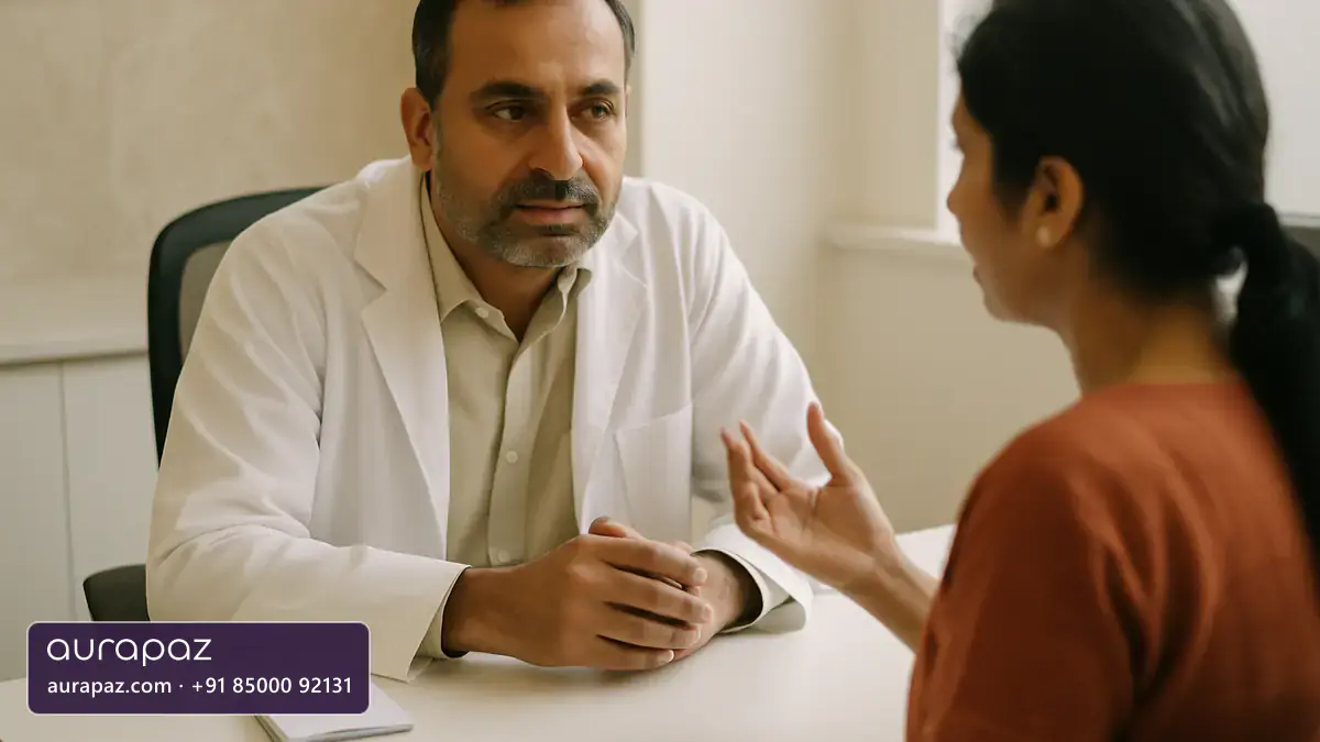 An Indian woman patient in a clinic consultation room asking an Indian dermatologist in his forties a question, both seated at a desk and engaged in discussion