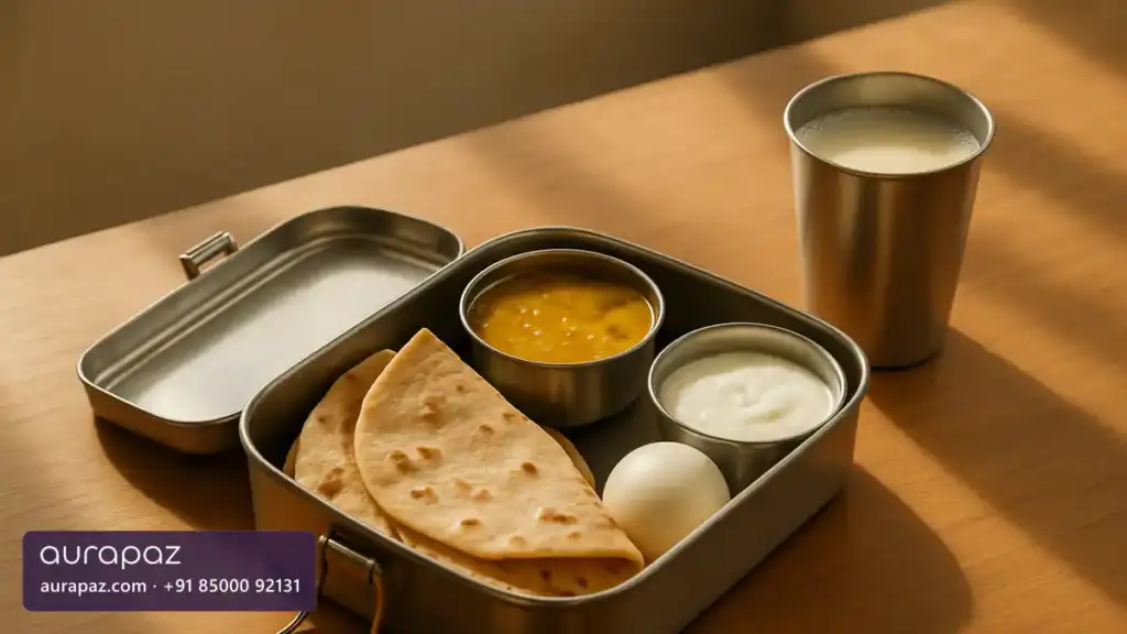 An Indian school tiffin box packed with chapatis, dal, curd and a boiled egg beside a glass of milk