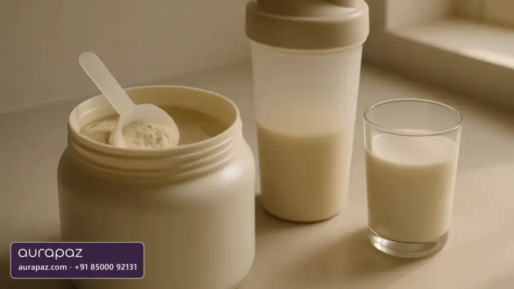 An open tub of unbranded protein powder with a scoop resting in it on a kitchen counter, beside a shaker bottle and a glass of milk