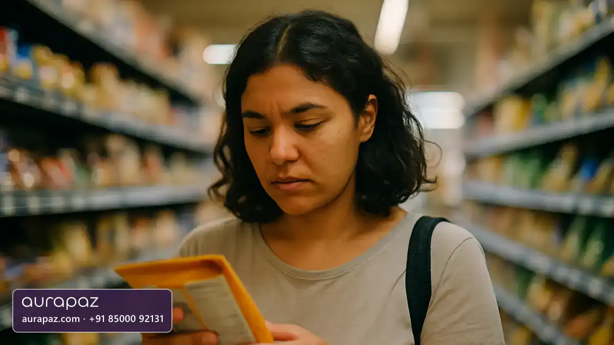 A woman in a supermarket aisle turning a food packet over to read the ingredient list on the back