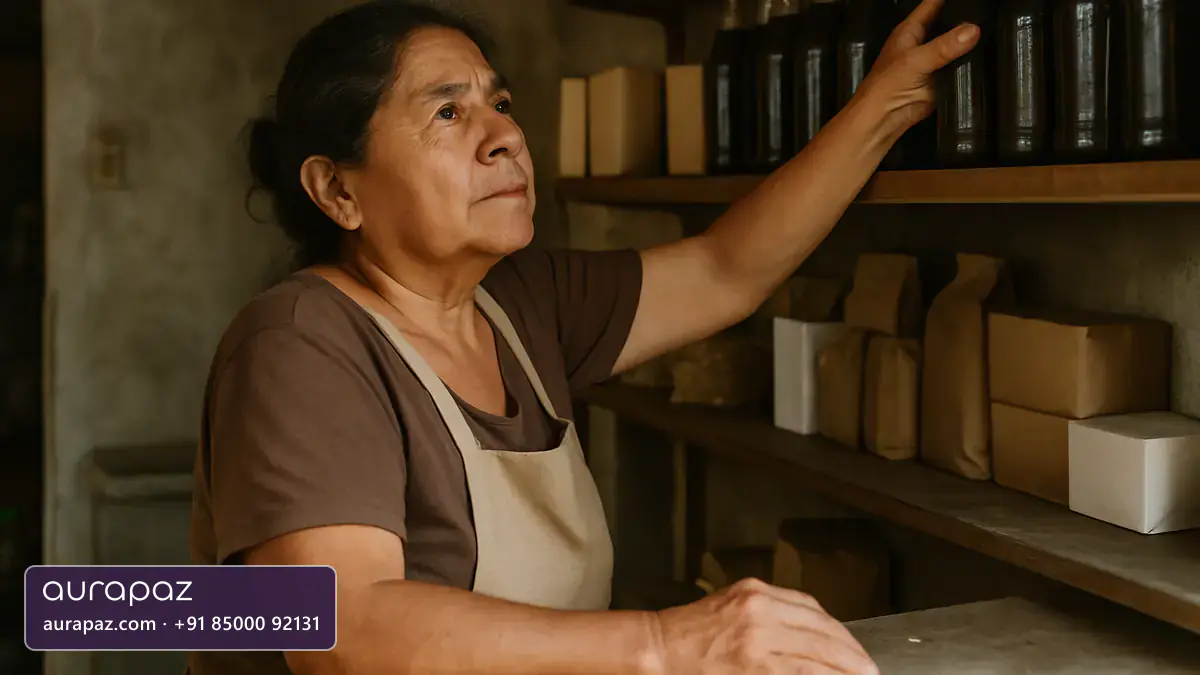 A woman in her sixties behind the counter of her small neighbourhood shop reaching up to a shelf stacked with glass bottles of dark fizzy drink