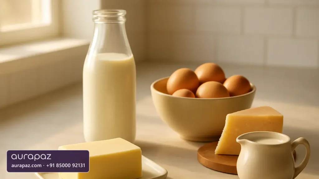 Butter, whole milk, brown eggs, hard cheese and cream arranged on a sunlit kitchen counter, representing the foods the new US Dietary Guidelines treat differently