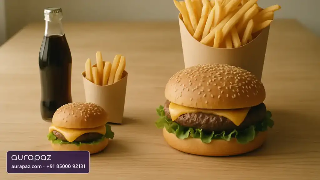 A small burger, a small sleeve of chips and a small bottle of cola on a wooden table beside a much larger burger and a large carton of chips, showing how far American portion sizes have grown