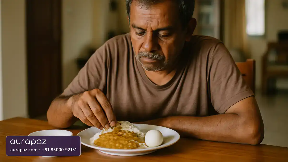 A man in his fifties eating a home meal of lentil dal with rice, a bowl of plain curd and a boiled egg at a wooden dining table