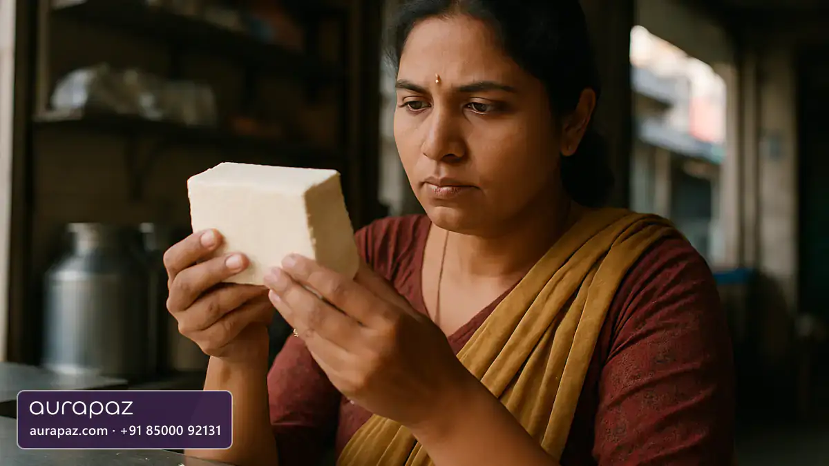 An Indian woman in her thirties at a dairy shop counter, holding up a block of fresh paneer and examining it closely with a sceptical expression, a steel milk can behind her