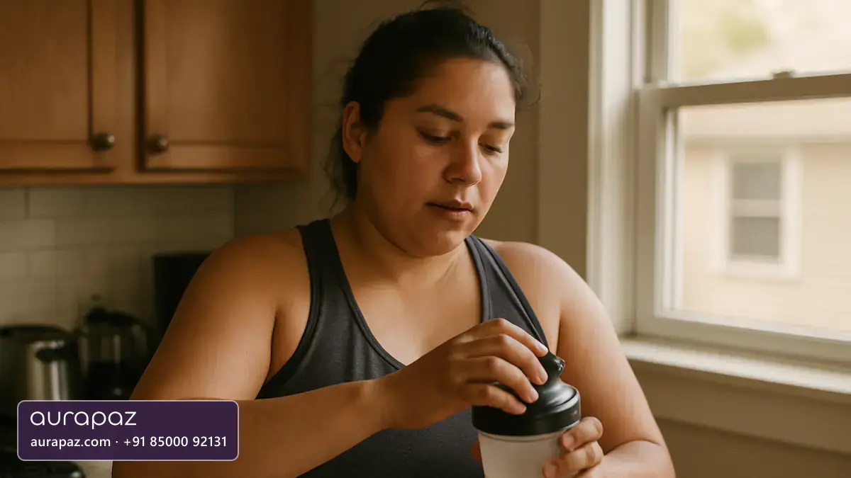 A woman in her late twenties in workout clothes closing the lid on a shaker bottle in her kitchen after exercising