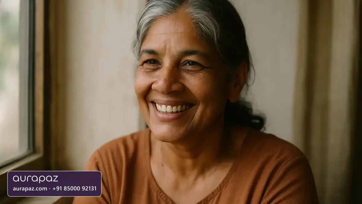 An Indian woman in her fifties with grey streaked hair and visible laughter lines, smiling genuinely beside a window in soft daylight