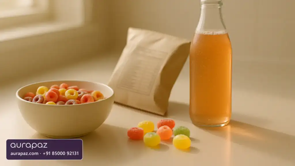 Brightly coloured breakfast cereal, boiled sweets and a fizzy drink on a kitchen counter beside a food packet