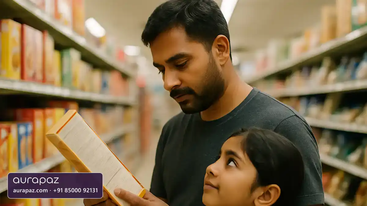 A father turns a cereal box over to read the ingredients panel while his young daughter looks up at him in a supermarket aisle