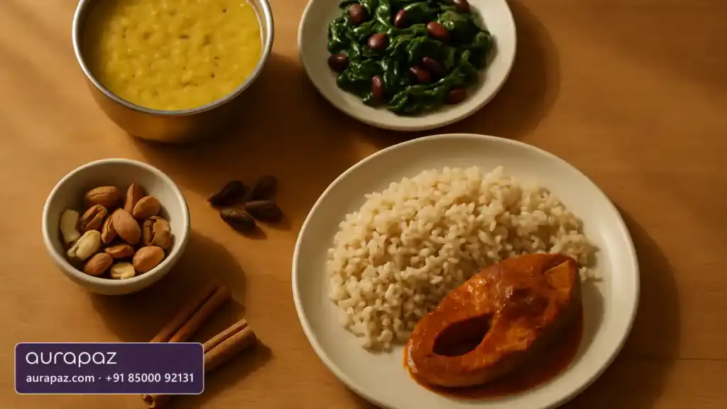 An overhead view of a home-cooked Indian meal: yellow moong dal, sauteed spinach with beans, brown rice with a piece of fish curry, a bowl of mixed nuts and whole spices