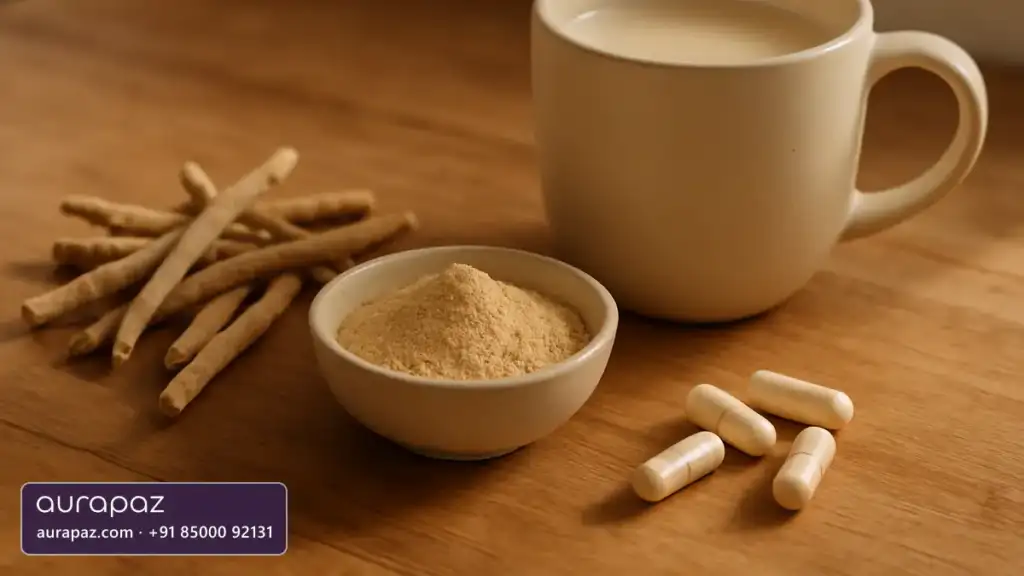 Dried ashwagandha roots, a small bowl of ashwagandha powder and a few plain capsules on a wooden table beside a mug of warm milk