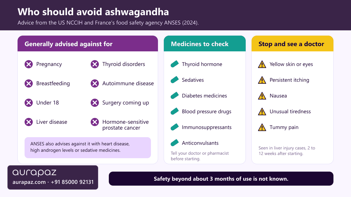 Explainer graphic listing who should avoid ashwagandha, including pregnancy, breastfeeding, under 18s and people with liver disease, thyroid disorders, autoimmune disease, hormone-sensitive prostate cancer or upcoming surgery, plus medicines to check with a doctor and liver warning signs