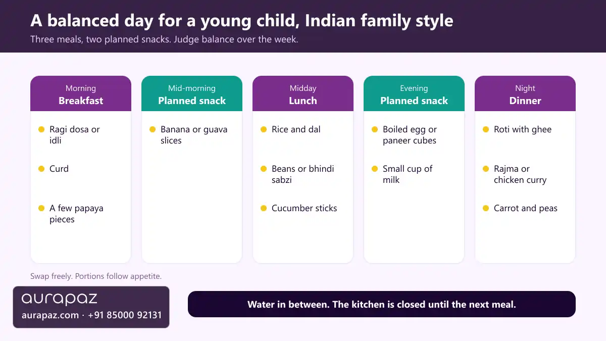 Five cards showing a balanced day for a young Indian child: ragi dosa with curd and papaya, a fruit snack, rice dal sabzi and cucumber, egg or paneer with milk, and roti with rajma and vegetables