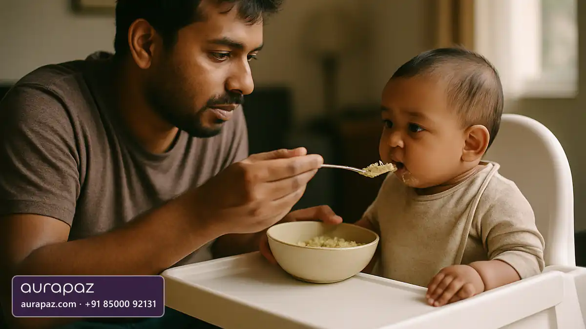 A South Asian father in his thirties spoon-feeding soft mashed khichdi to a seven-month-old baby sitting upright in a high chair at home