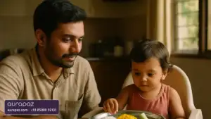 A South Indian father sits beside his toddler daughter at the family table as she cautiously eyes a steel plate of separate rice, dal and cucumber sticks