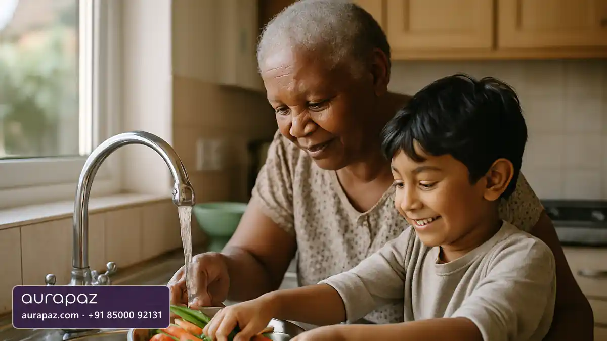 A grandmother and her young grandson smile as they rinse carrots and green beans together under a kitchen tap