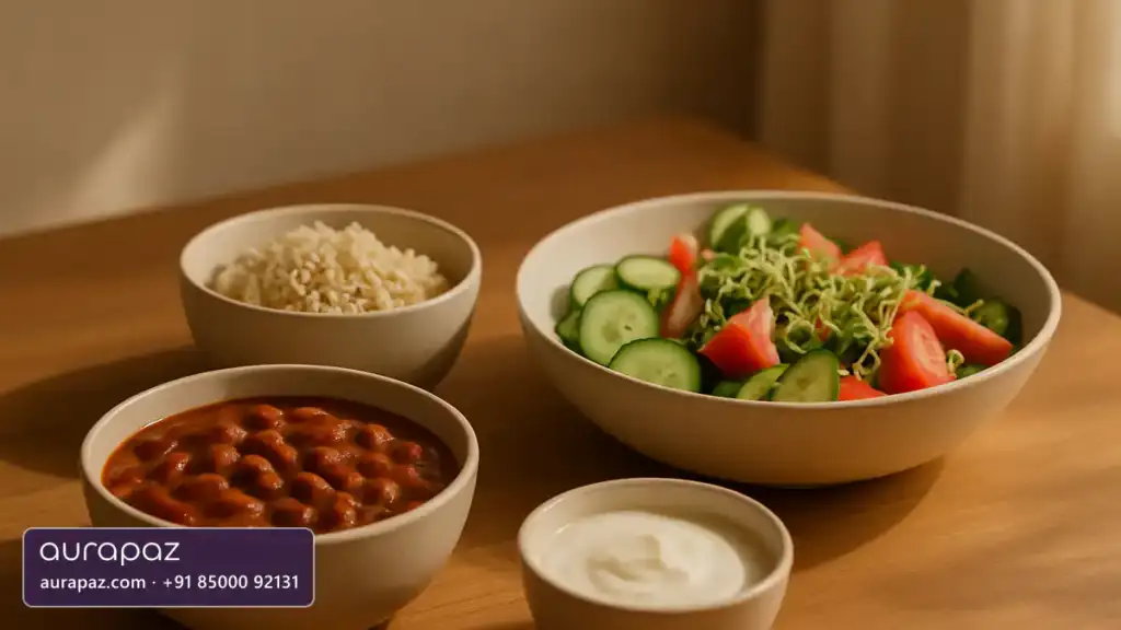 A home-cooked high-fibre lunch on a wooden table: rajma, brown rice, a fresh salad of cucumber, tomato and sprouts, and a small bowl of curd
