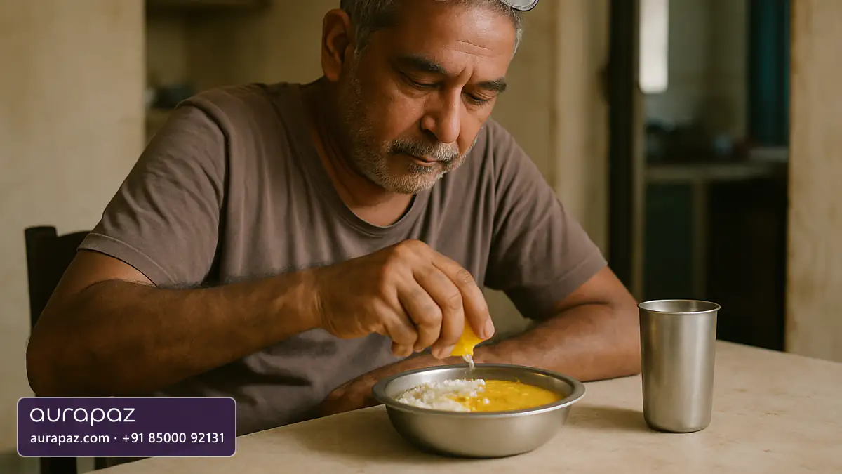 An older South Asian man with grey stubble squeezes a lemon wedge over a steel bowl of dal and rice at a simple kitchen table, with a steel tumbler of water beside him