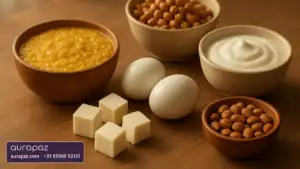 Bowls of yellow dal, chickpeas, curd and peanuts with cubes of paneer and two eggs on a wooden table