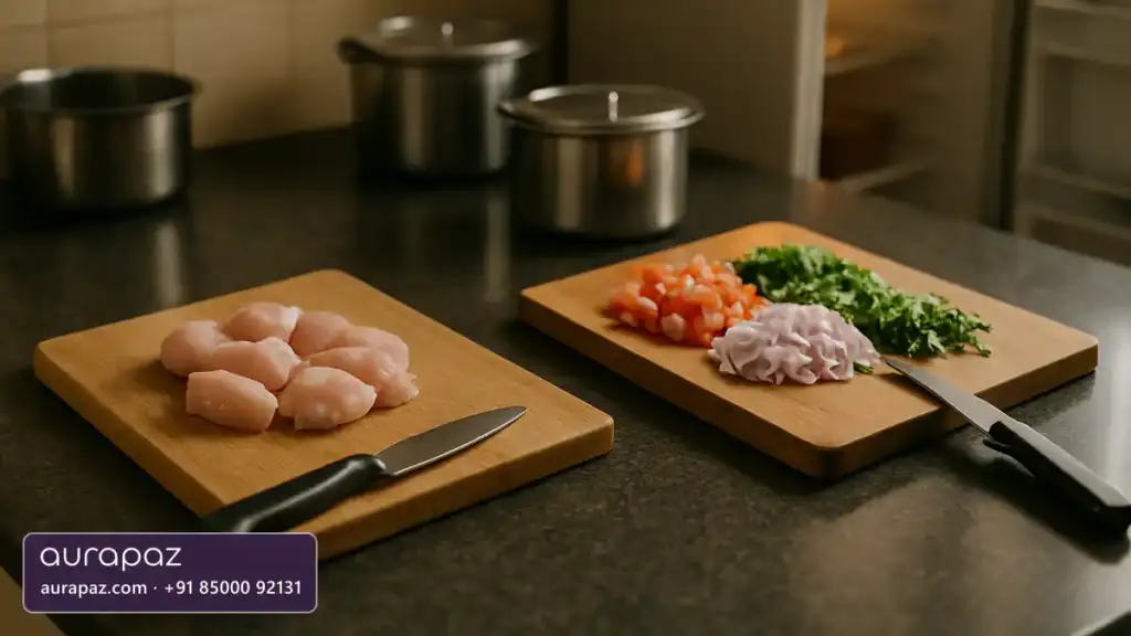 Two separate wooden cutting boards on an Indian kitchen counter, one with raw chicken and one with chopped tomato, onion and coriander, with lidded steel containers behind