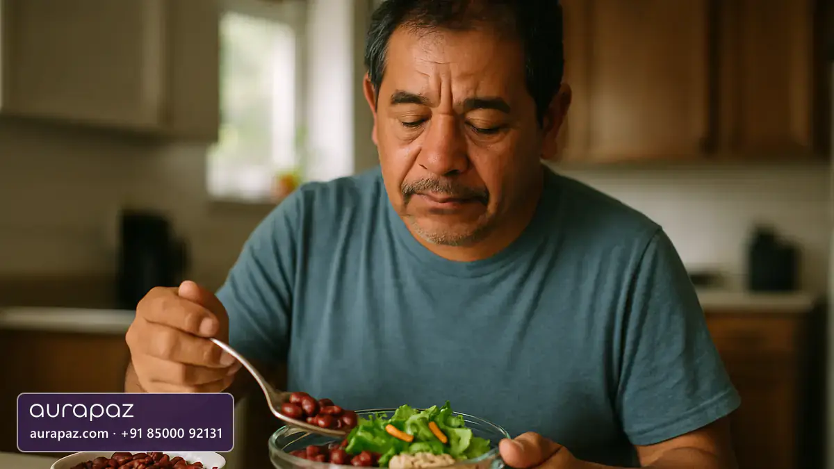 A man in his fifties of Latino heritage eating a high-fibre lunch bowl of kidney beans, salad and brown rice at a home kitchen counter