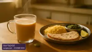 A glass of milky masala chai set apart from a steel thali of yellow dal, roti, palak and a lemon wedge on a wooden kitchen table