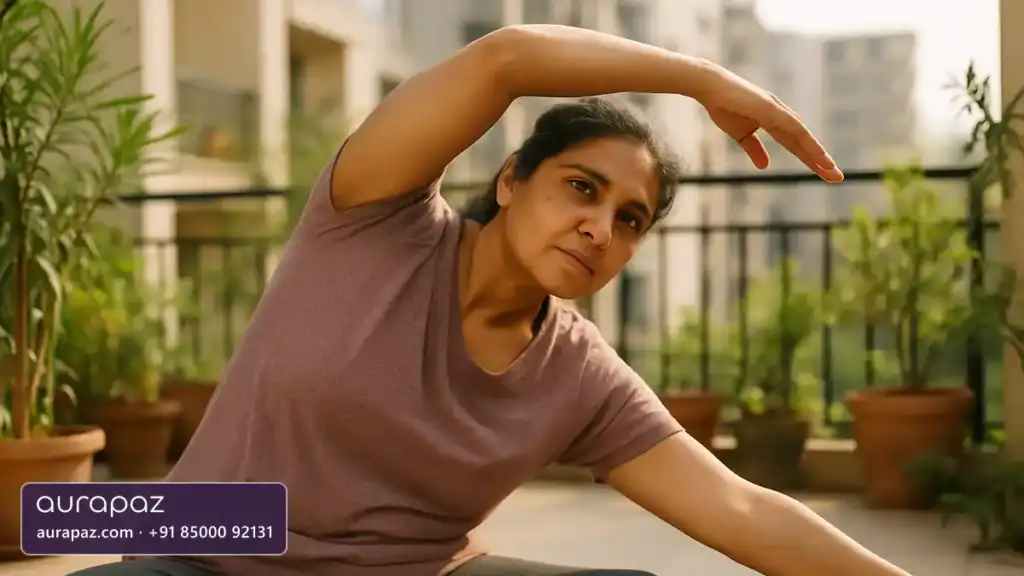 A woman in her late forties of South Asian heritage in activewear doing a side stretch on a sunlit apartment terrace among potted plants