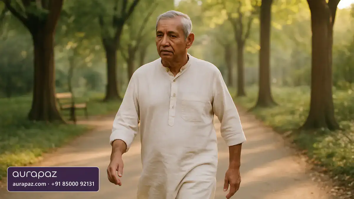 An older South Asian man on a morning walk along a park path in sunlight