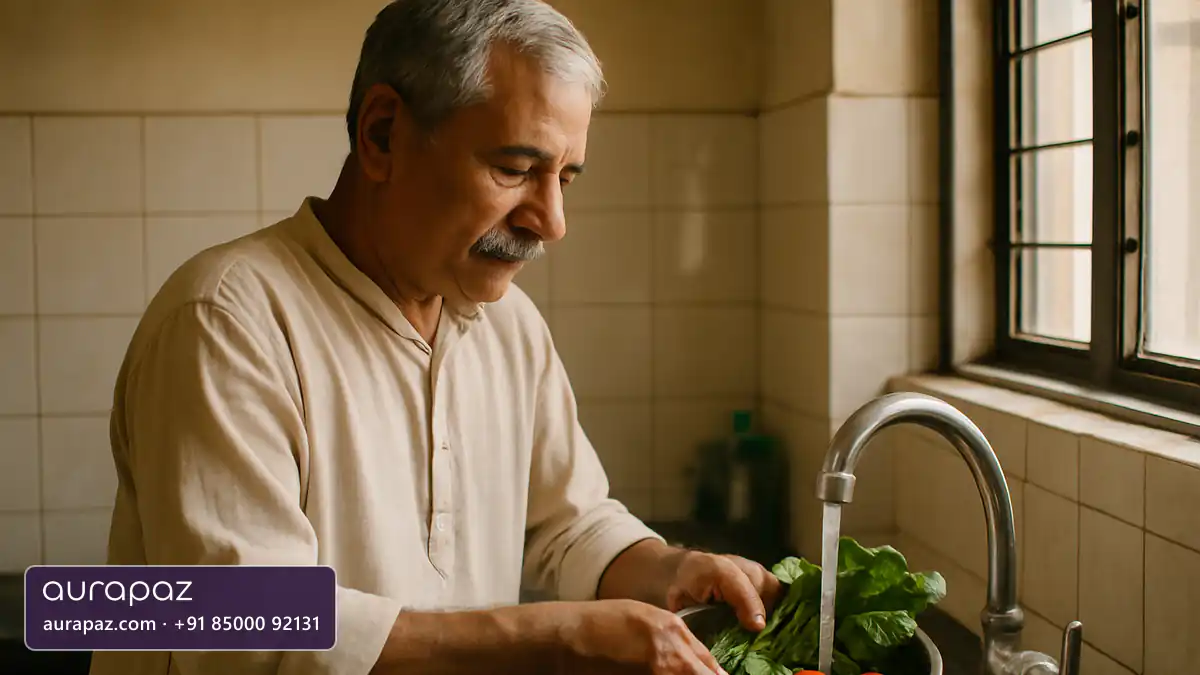 An older Indian man with grey hair and a moustache rinsing fresh spinach and vegetables in a steel colander under a running kitchen tap